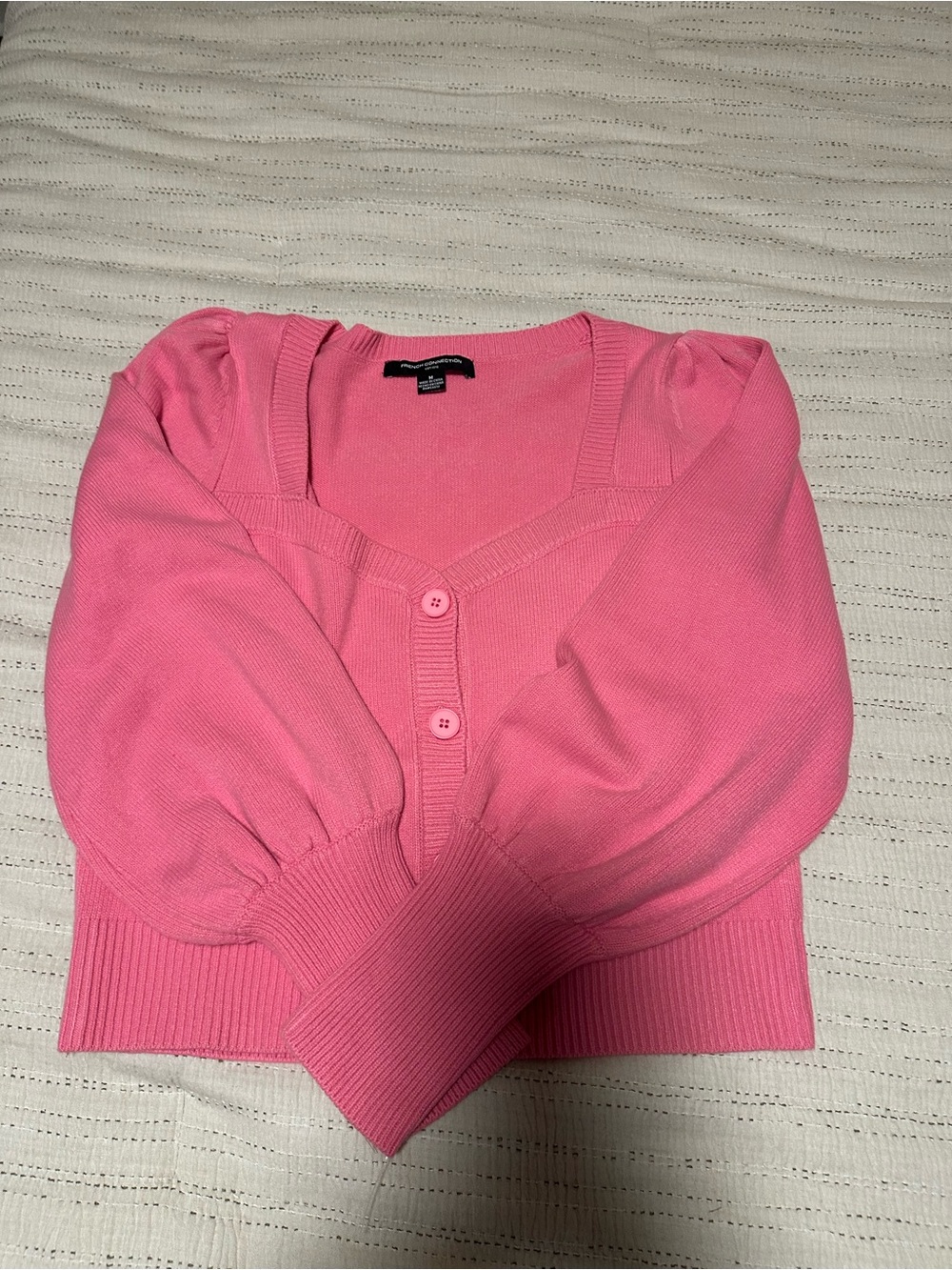 French Connection-Pink Puff-Sleeve Button Cardigan Sweater sz med.